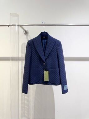 Authentic Gucci Navy Textured Check Blazer Sleeve with Patch